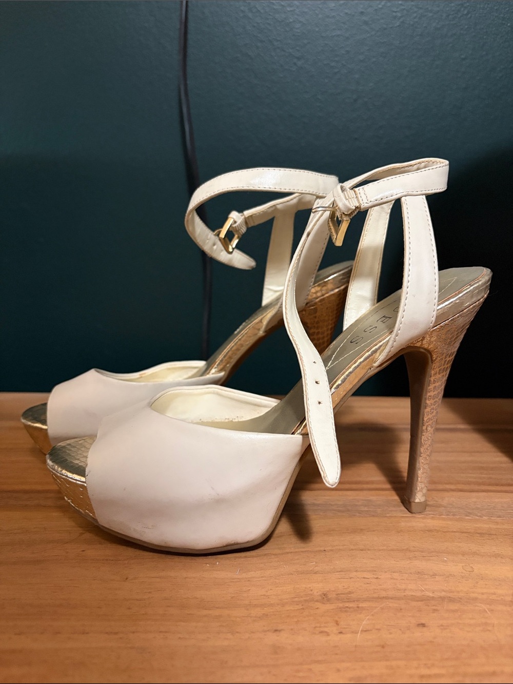 Guess Cream Platform Ankle-Strap Stiletto Heels